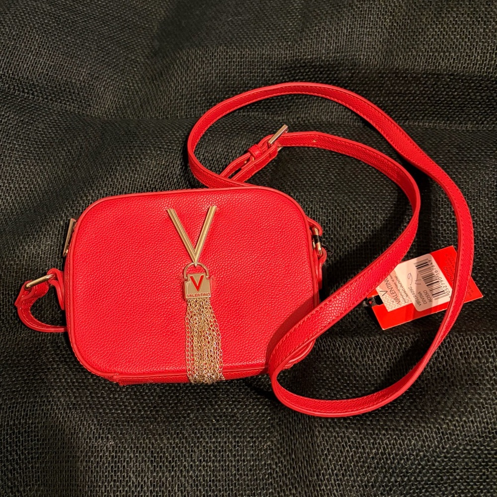 Mario Valentino Vibrant Red Crossbody Bag with Gold Tassel